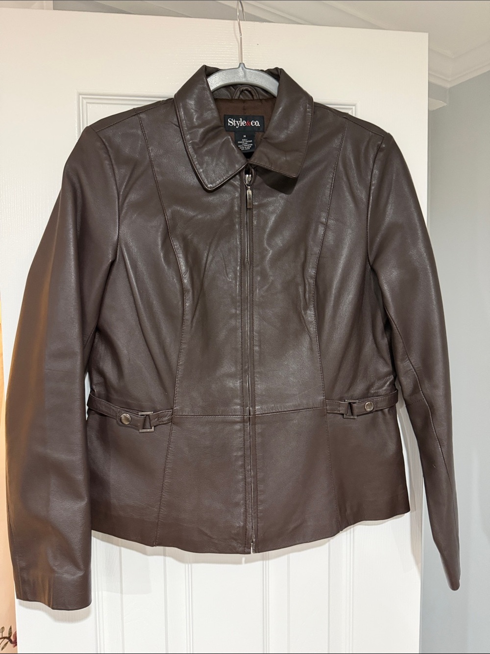 Style & Co. Dark Brown Leather Zip-Front Jacket